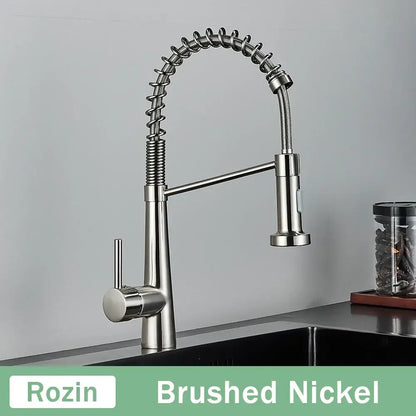 Modern black & gold kitchen faucet with coiled pull down sprayer