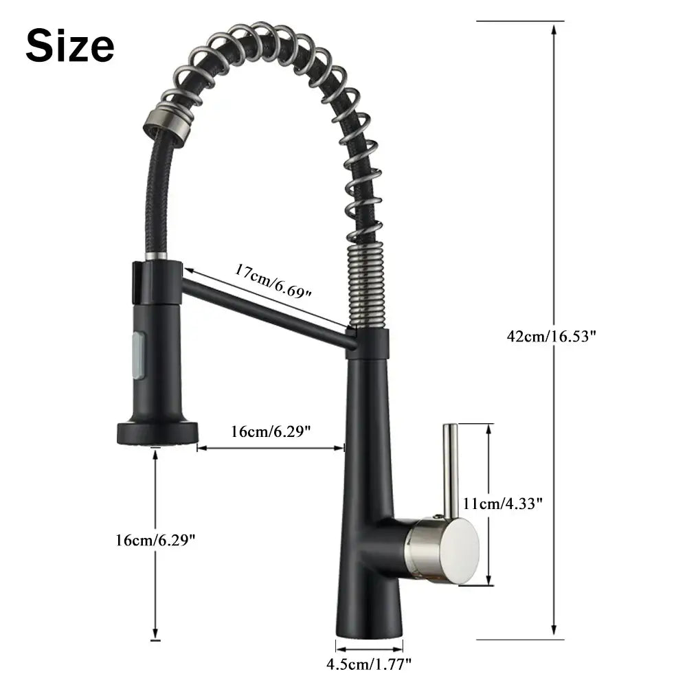 Modern black & gold kitchen faucet with coiled pull down sprayer
