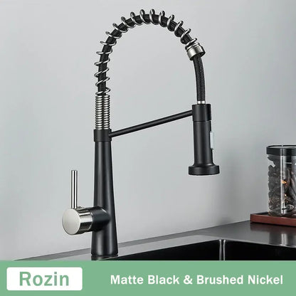 Modern black & gold kitchen faucet with coiled pull down sprayer