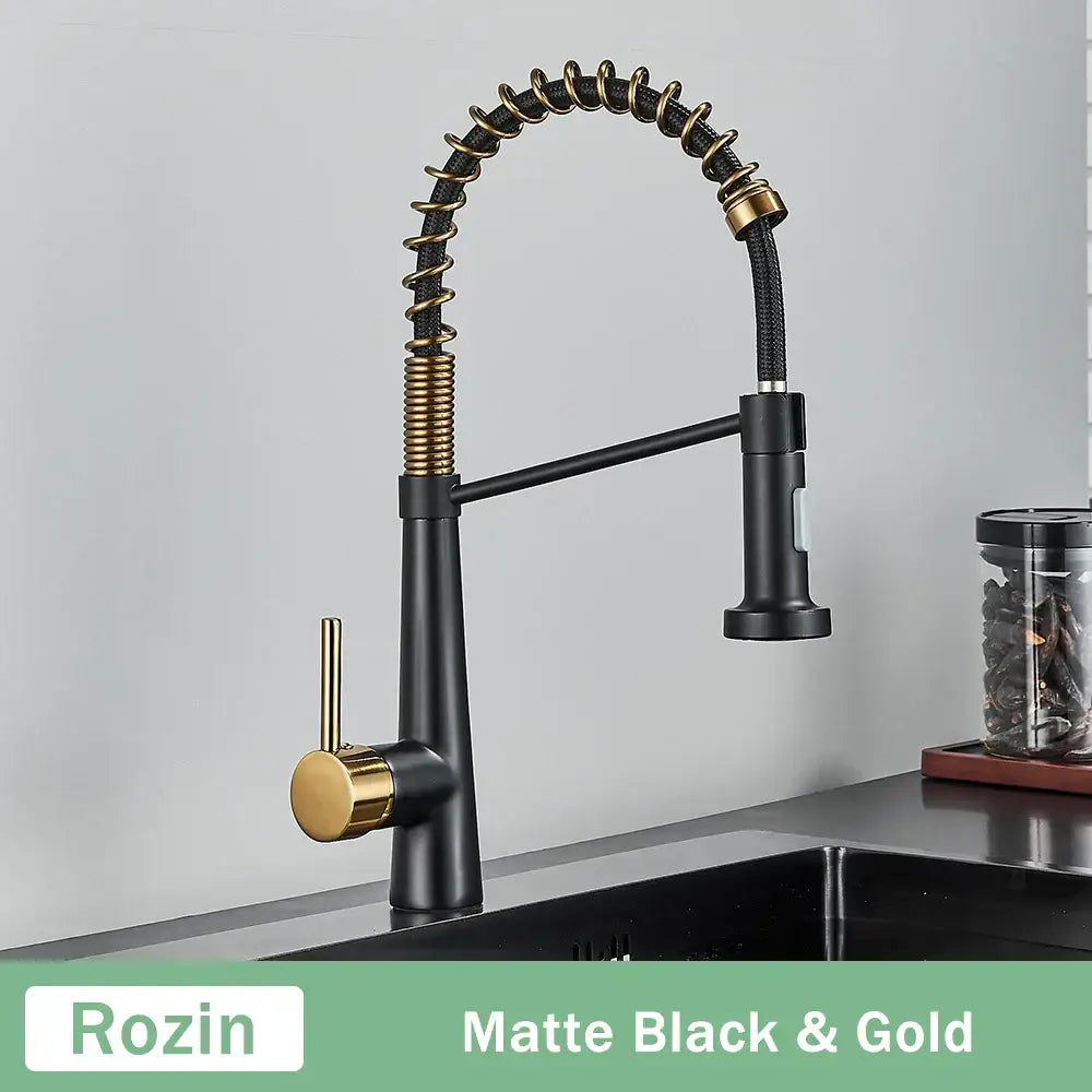 Modern black & gold kitchen faucet with coiled pull down sprayer