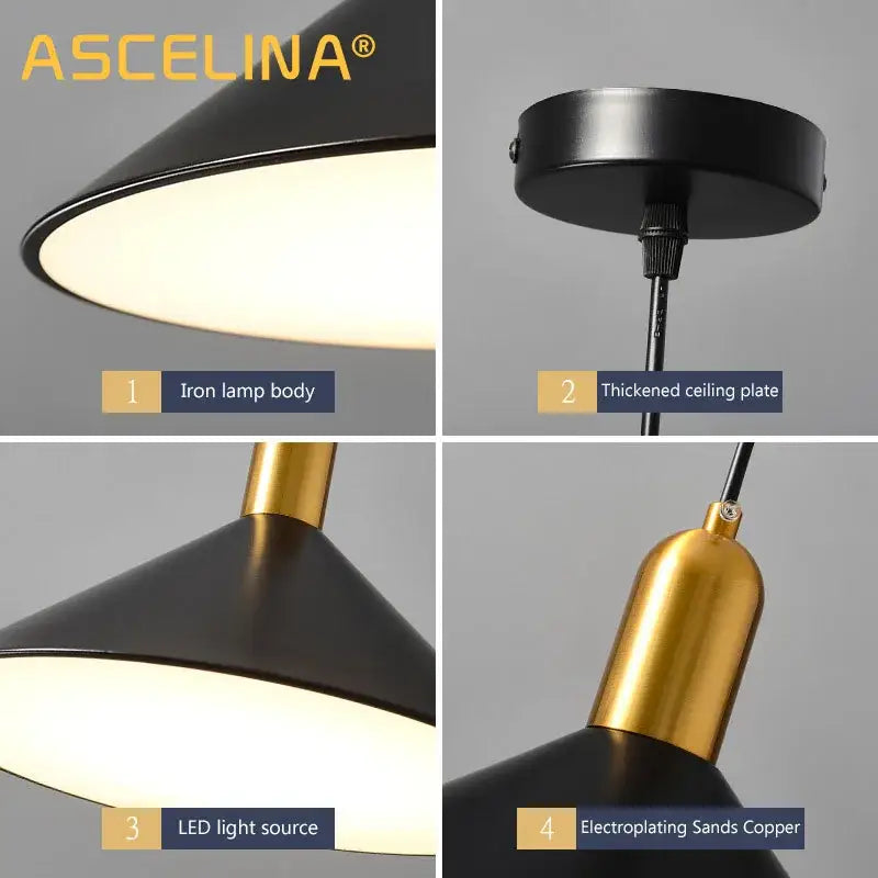 Modern black & gold led pendant lights dining room conical decor