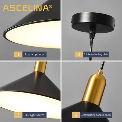 Modern black & gold led pendant lights dining room conical decor