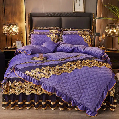 Black gold luxury crystal velvet bedding set bedroom quilted lace