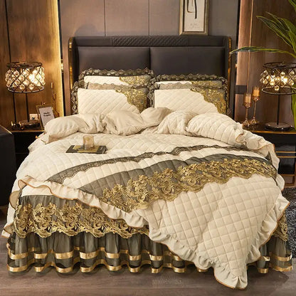 Black gold luxury crystal velvet bedding set bedroom quilted lace