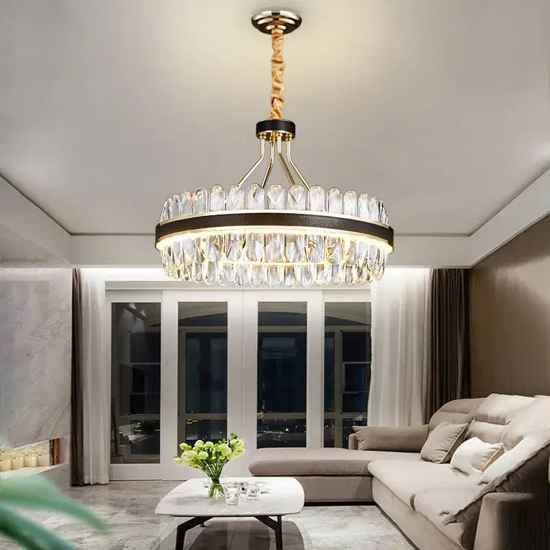 Modern black gold round led crystal chandelier living room light