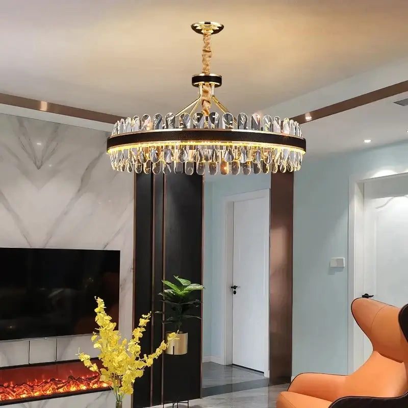 Modern black gold round led crystal chandelier living room light