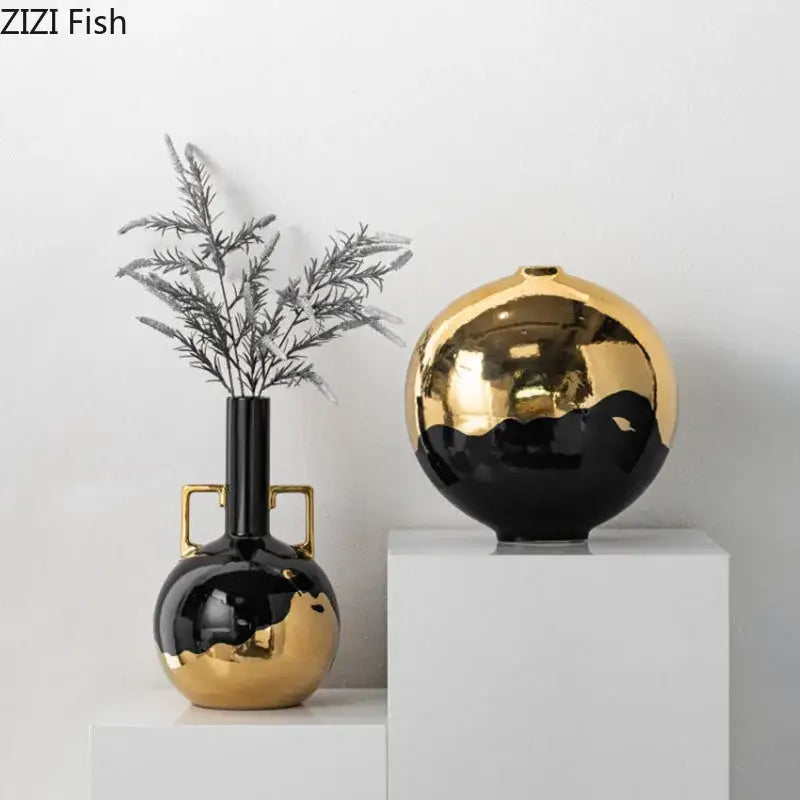 Minimalist black & golden ceramic vase desk decor for living room