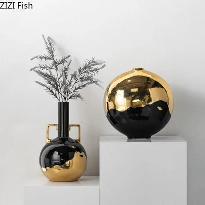 Minimalist black & golden ceramic vase desk decor for living room
