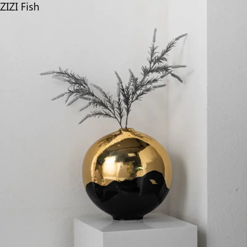 Minimalist black & golden ceramic vase desk decor for living room