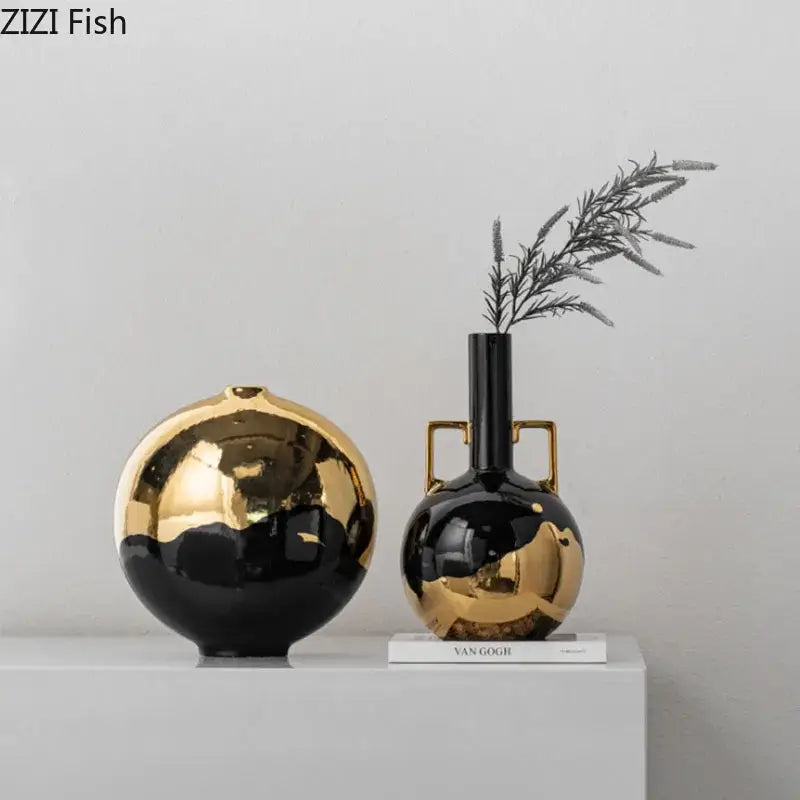 Minimalist black & golden ceramic vase desk decor for living room