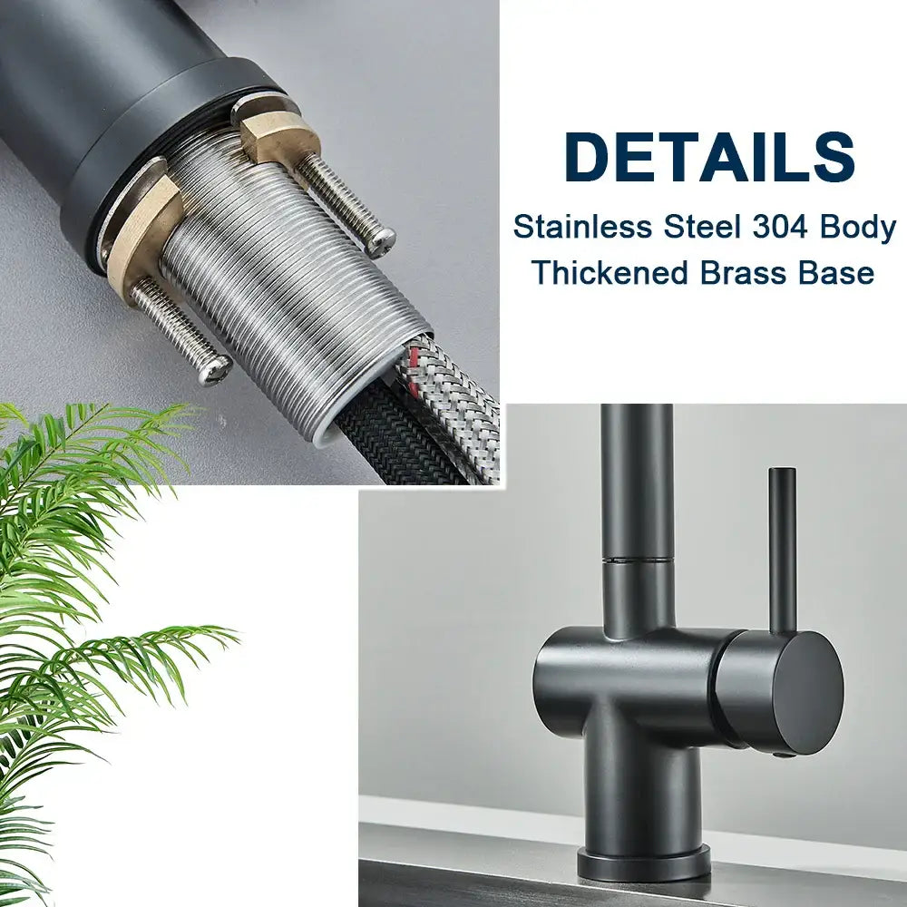 Modern matte black gourmet kitchen faucet with dual sprayer nozzle