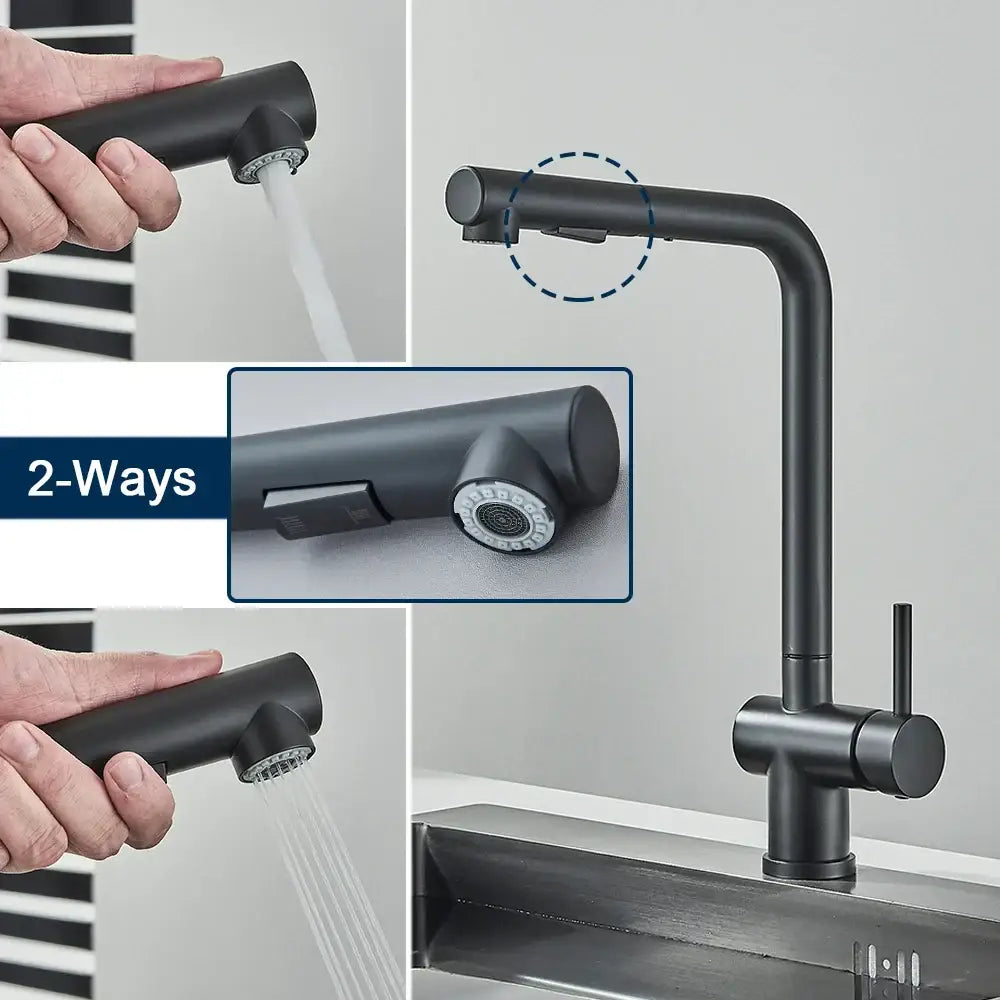 Modern matte black gourmet kitchen faucet with dual sprayer nozzle