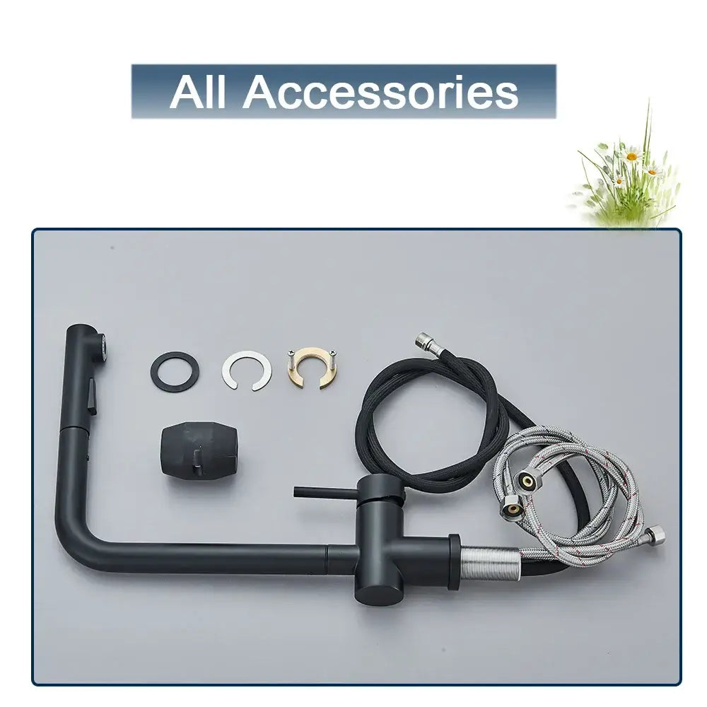 Modern matte black gourmet kitchen faucet with dual sprayer nozzle