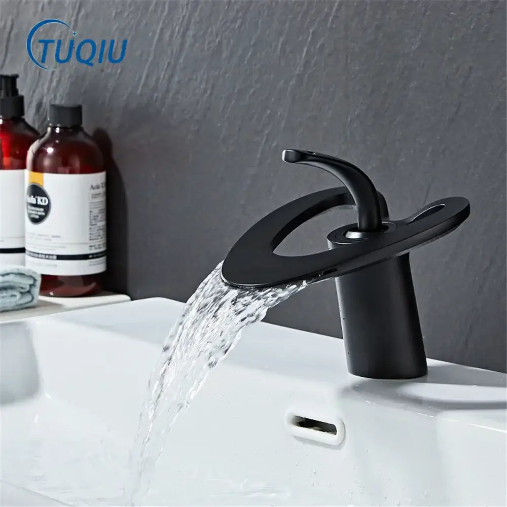 Modern matte black waterfall basin faucet bathroom hot cold mixer tap