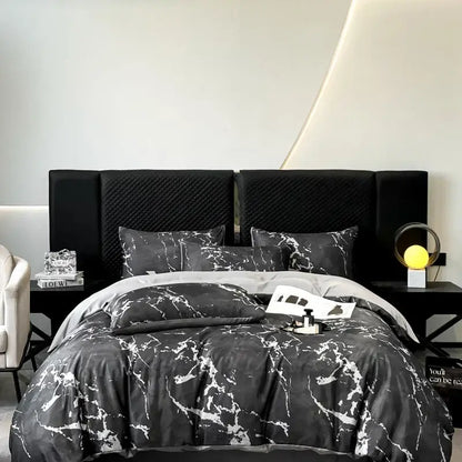 Luxury black & grey marble satin duvet cover set bedroom cooling bedding