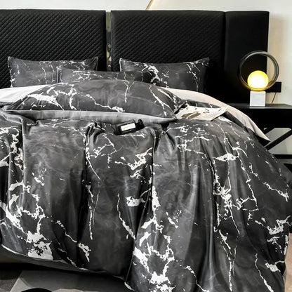 Luxury black & grey marble satin duvet cover set bedroom cooling bedding