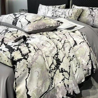 Luxury black & grey marble satin duvet cover set bedroom cooling bedding