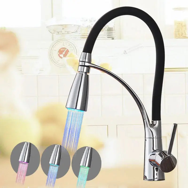 Chrome and black hose kitchen faucet with pull down sprayer