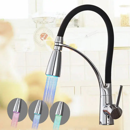 Chrome and black hose kitchen faucet with pull down sprayer