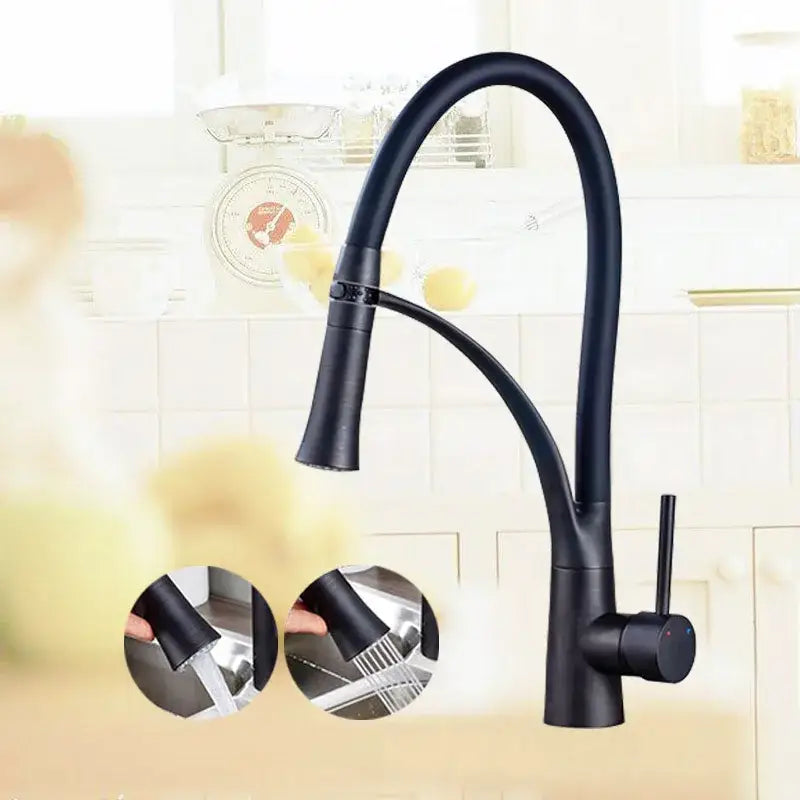Chrome and black hose kitchen faucet with pull down sprayer