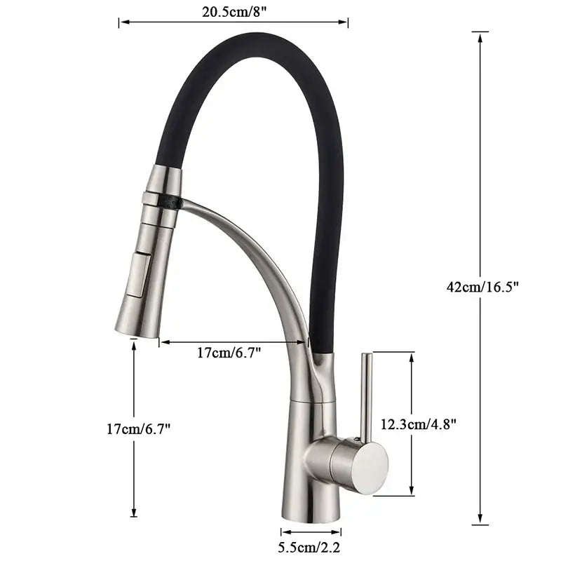 Chrome and black hose kitchen faucet with pull down sprayer