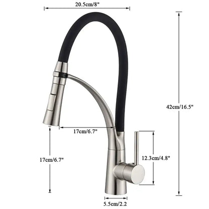 Chrome and black hose kitchen faucet with pull down sprayer