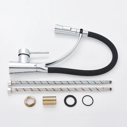 Chrome and black hose kitchen faucet with pull down sprayer