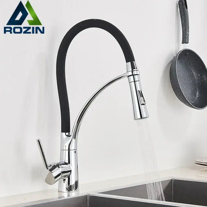 Chrome and black hose kitchen faucet with pull down sprayer