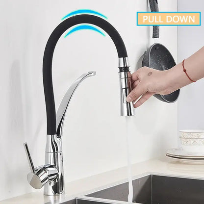 Chrome and black hose kitchen faucet with pull down sprayer