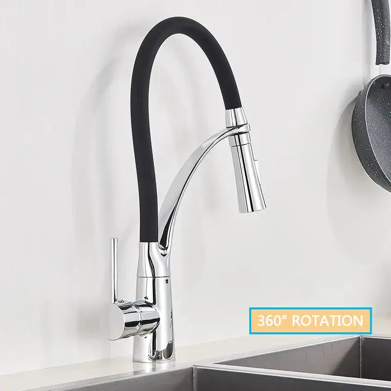 Chrome and black hose kitchen faucet with pull down sprayer