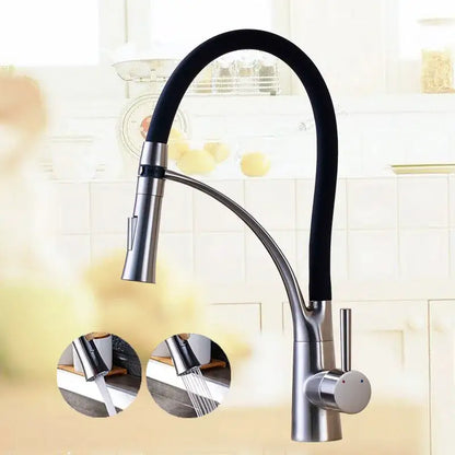Chrome and black hose kitchen faucet with pull down sprayer