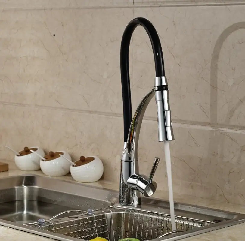 Chrome and black flexible kitchen mixer tap with pull out sprayer