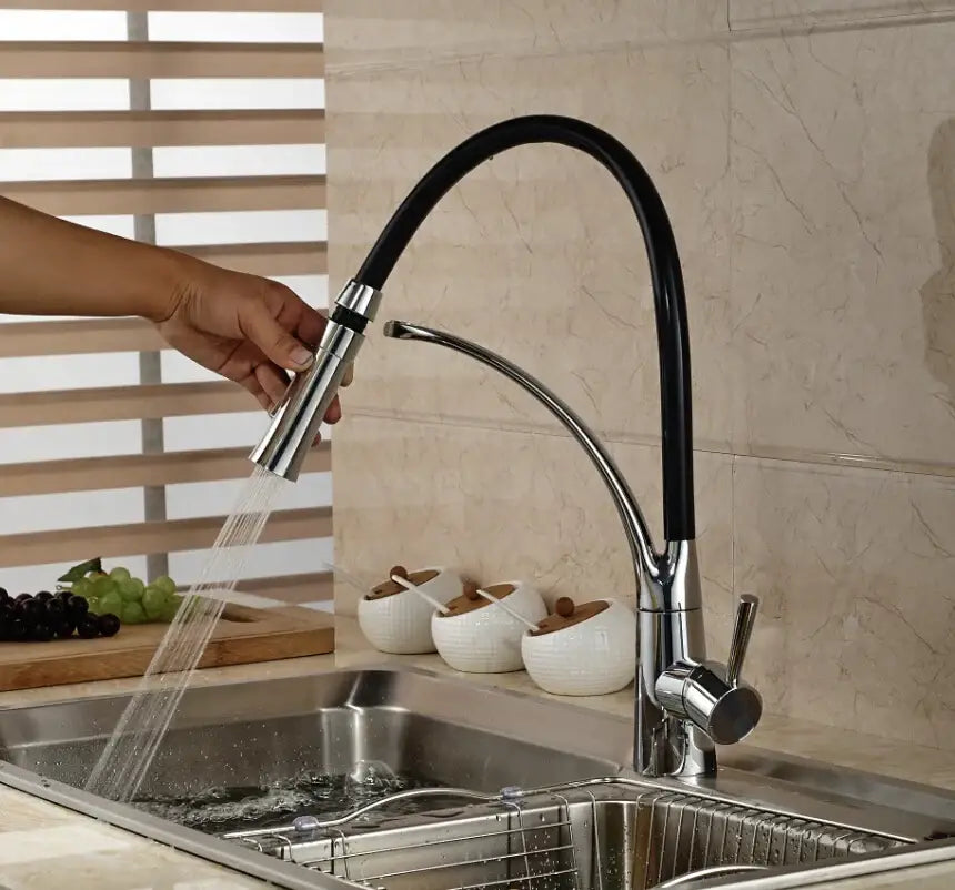 Chrome and black flexible kitchen mixer tap with pull out sprayer