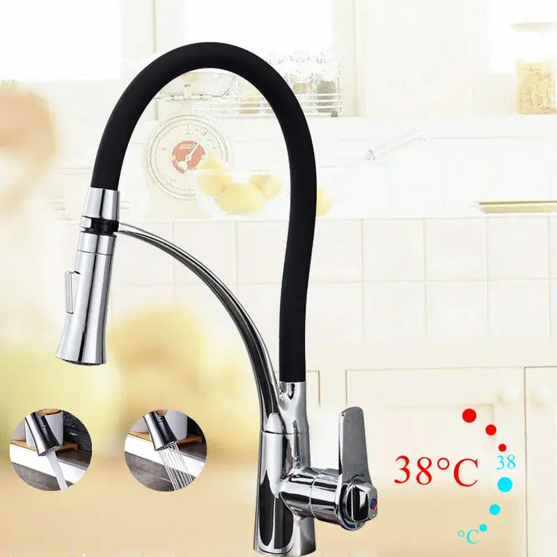 Chrome and black flexible kitchen mixer tap with pull out sprayer