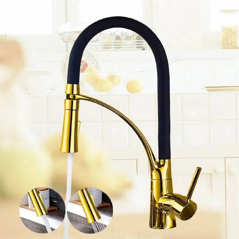 Chrome and black flexible kitchen mixer tap with pull out sprayer
