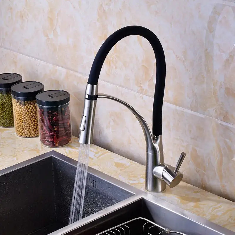 Chrome and black flexible kitchen mixer tap with pull out sprayer