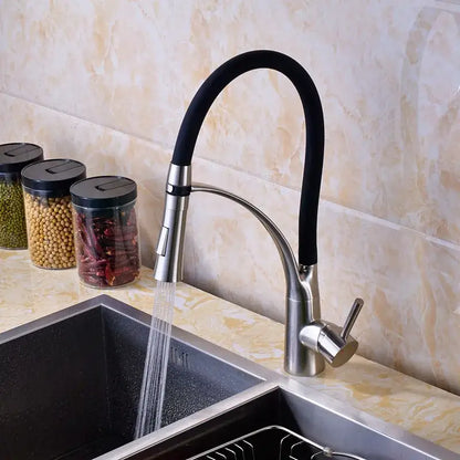 Chrome and black flexible kitchen mixer tap with pull out sprayer
