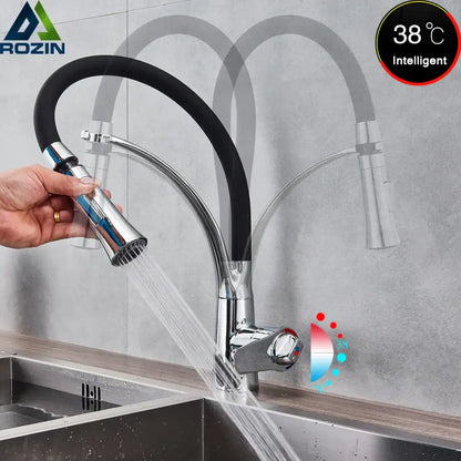 Chrome and black flexible kitchen mixer tap with pull out sprayer