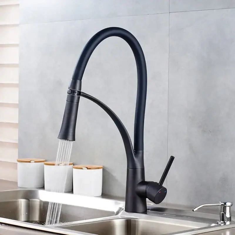 Chrome and black flexible kitchen mixer tap with pull out sprayer