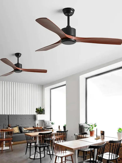 Modern black industrial ceiling fan with wood blades living room