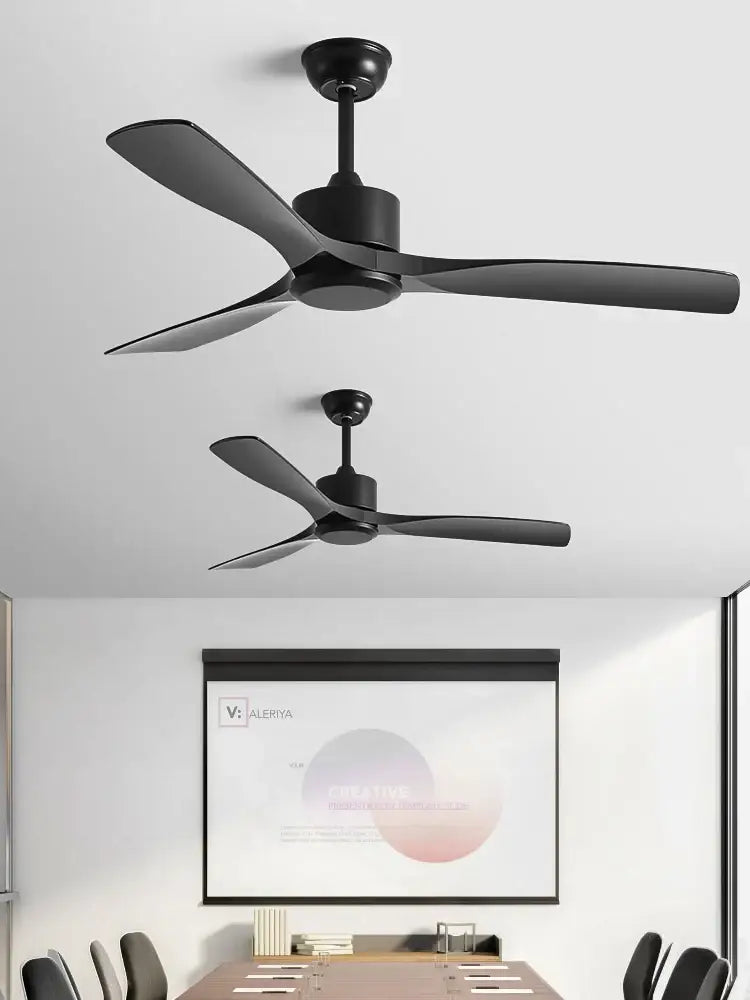 Modern black industrial ceiling fan with wood blades living room