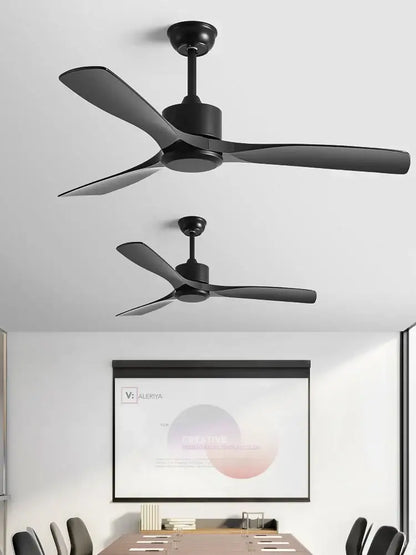 Modern black industrial ceiling fan with wood blades living room