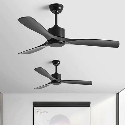 Modern black industrial ceiling fan with wood blades living room