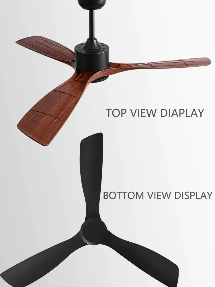 Modern black industrial ceiling fan with wood blades living room