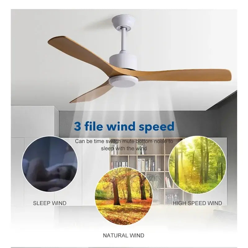Modern black industrial ceiling fan with wood blades living room