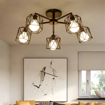 Modern black iron cage chandelier – dining room spider ceiling lamp