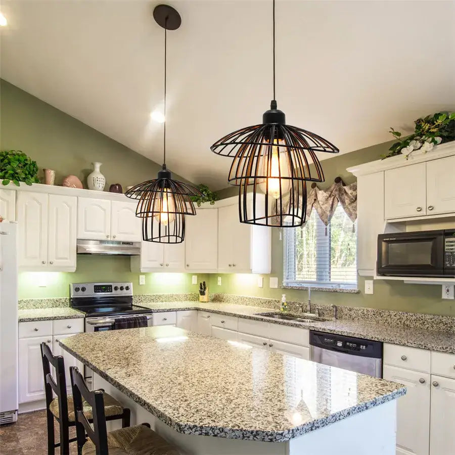 Tiered black iron cage pendant light for kitchen edison bulb design