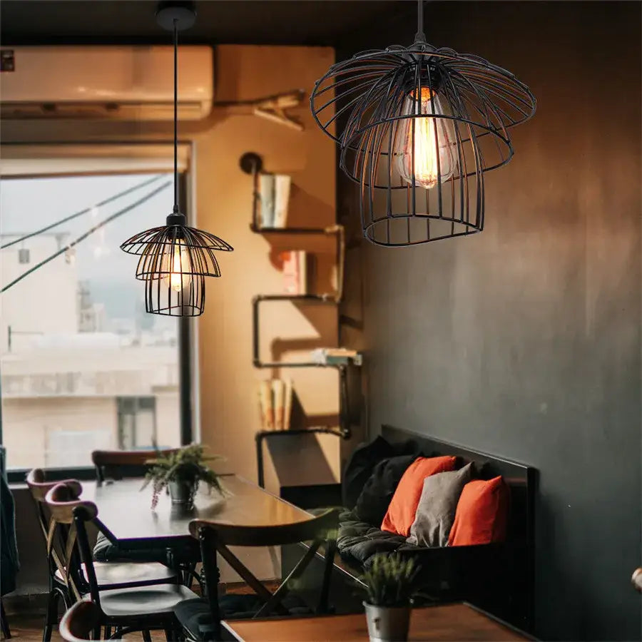 Tiered black iron cage pendant light for kitchen edison bulb design