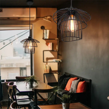 Tiered black iron cage pendant light for kitchen edison bulb design