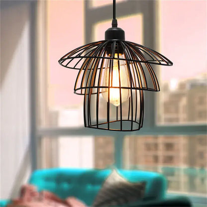 Tiered black iron cage pendant light for kitchen edison bulb design